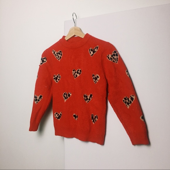 Vintage Red Leopard Print Heart Valentine Sweater - Picture 3 of 4